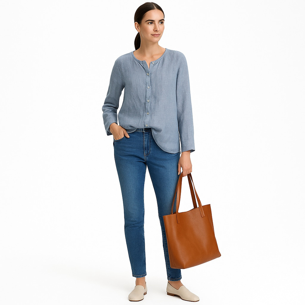 Eileen Fisher Italian Linen Tunic Shirt Jacket Blue Button Front Oversized M - Picture 4 of 14